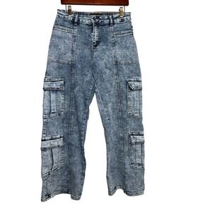 Between Us Womens 9 Acid Wash Cargo Jeans High Rise Wide Leg Utility Baggy